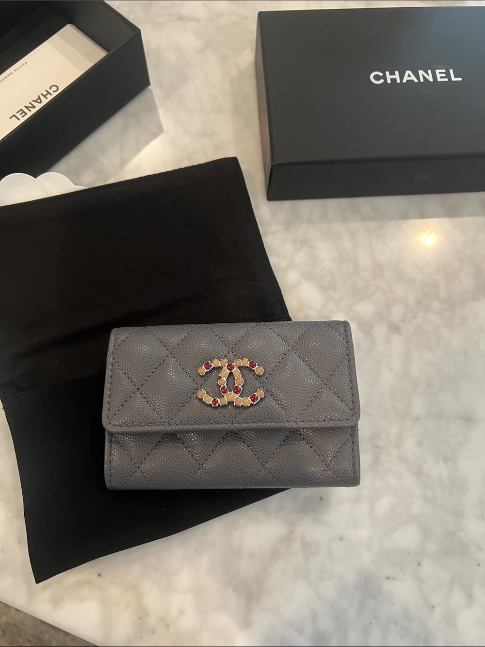 CHANEL Quilted Gray Caviar Leather Card Holder with Jeweled CC